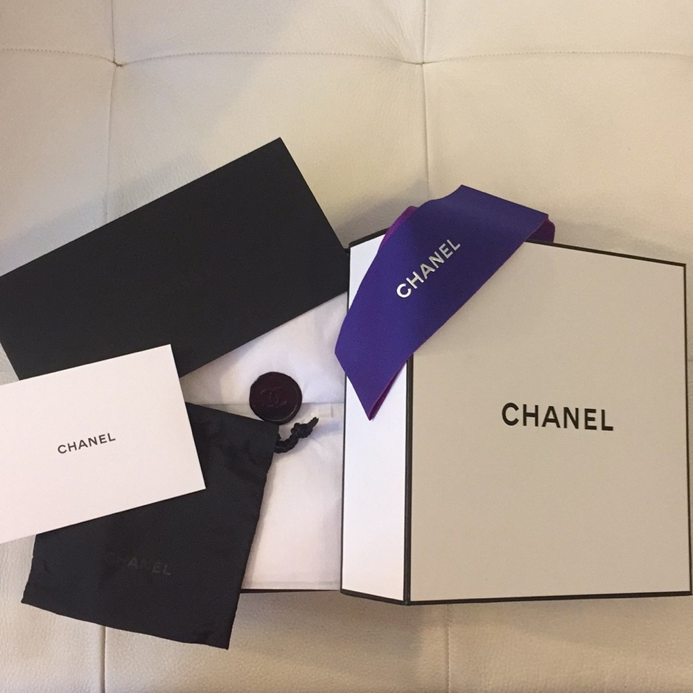 Chanel Gift Box w/ Purple Ribbon, Pouch, Card